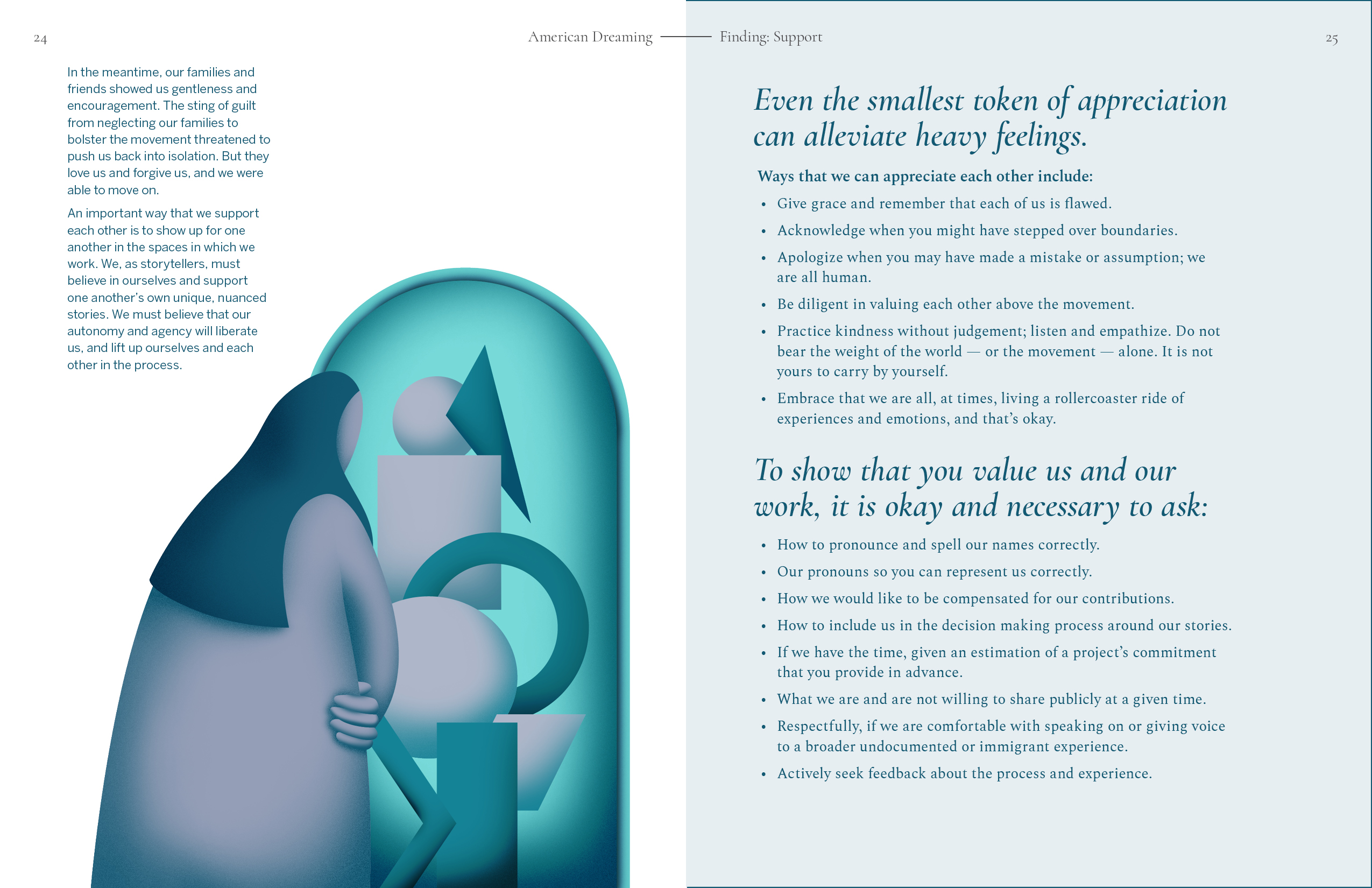 A spread with a soft cool-toned illustration of a woman looking in an arched mirror. Her reflection is a wobbly-looking stack of abstract shapes.