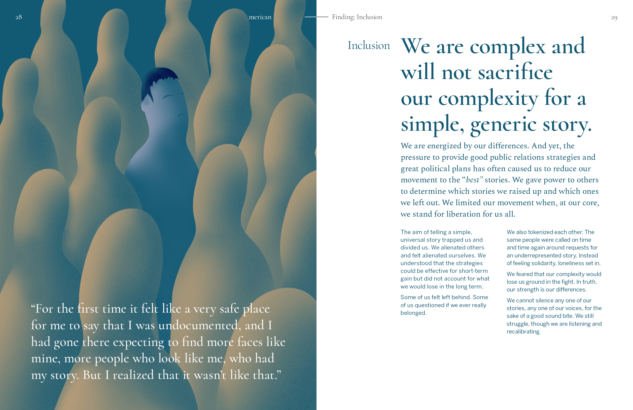 A spread with an illustration of a single person in a crowd, facing in the opposite direction. To the right is the heading 'Inclusion: We are complex and will not sacrifice our complexity for a simple, generic story.'