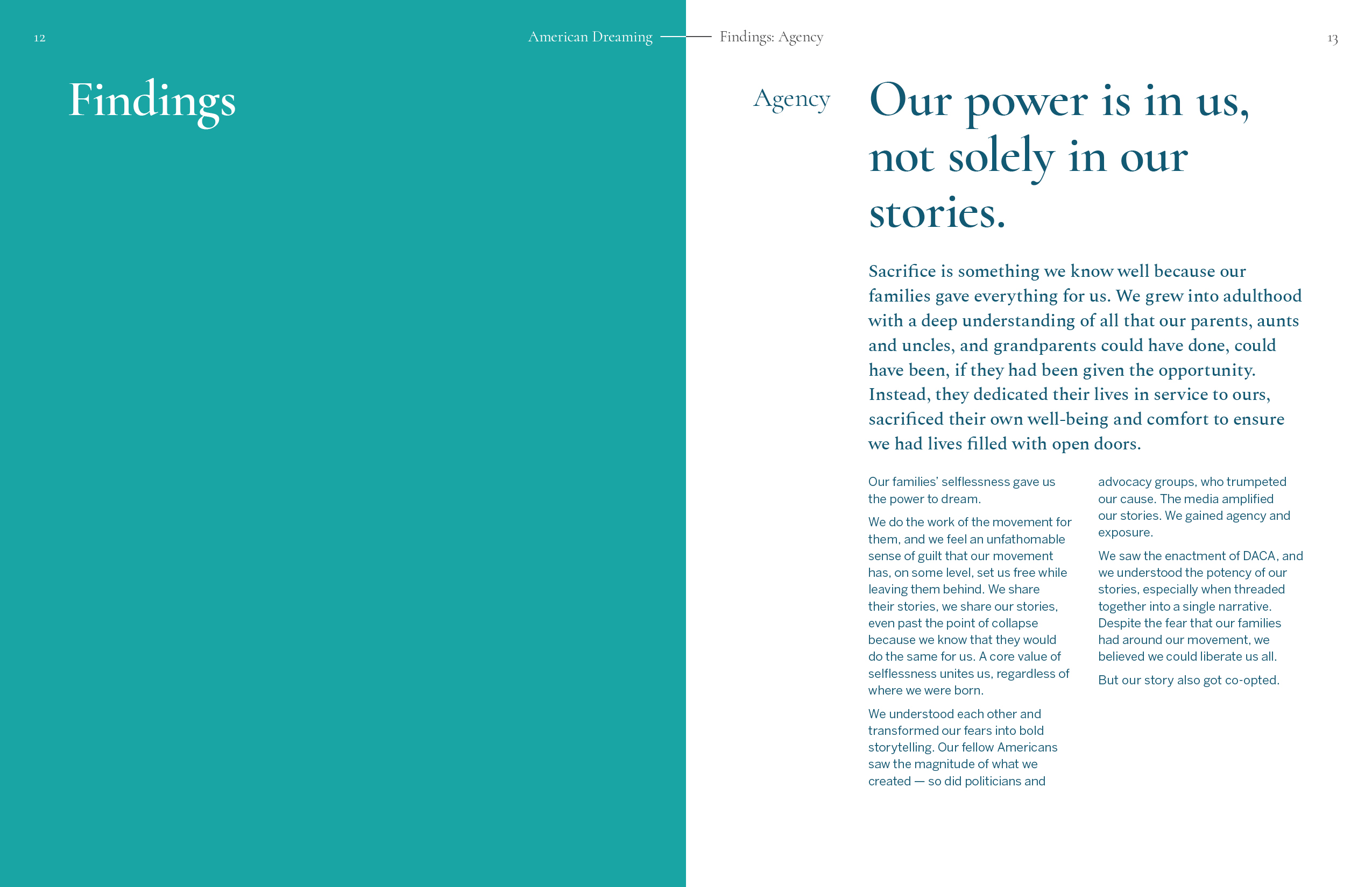 A typographic spread of the report, elaborating on Agency: Our power is in us, not solely in our stories.