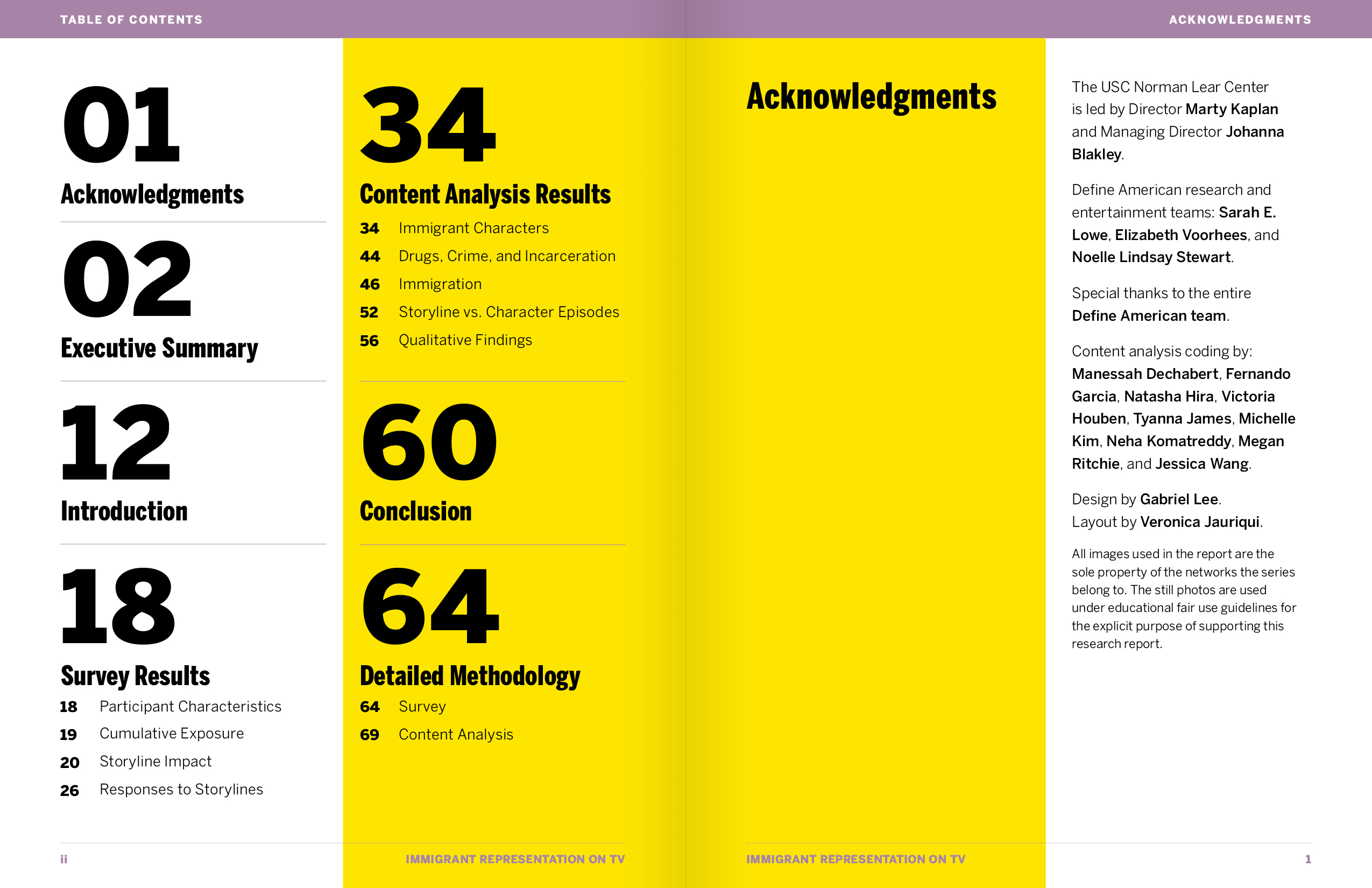 Table of Contents spread from the report, with a lavender section bar across the top of the page and a pure yellow background for the columns in the center of the spread.