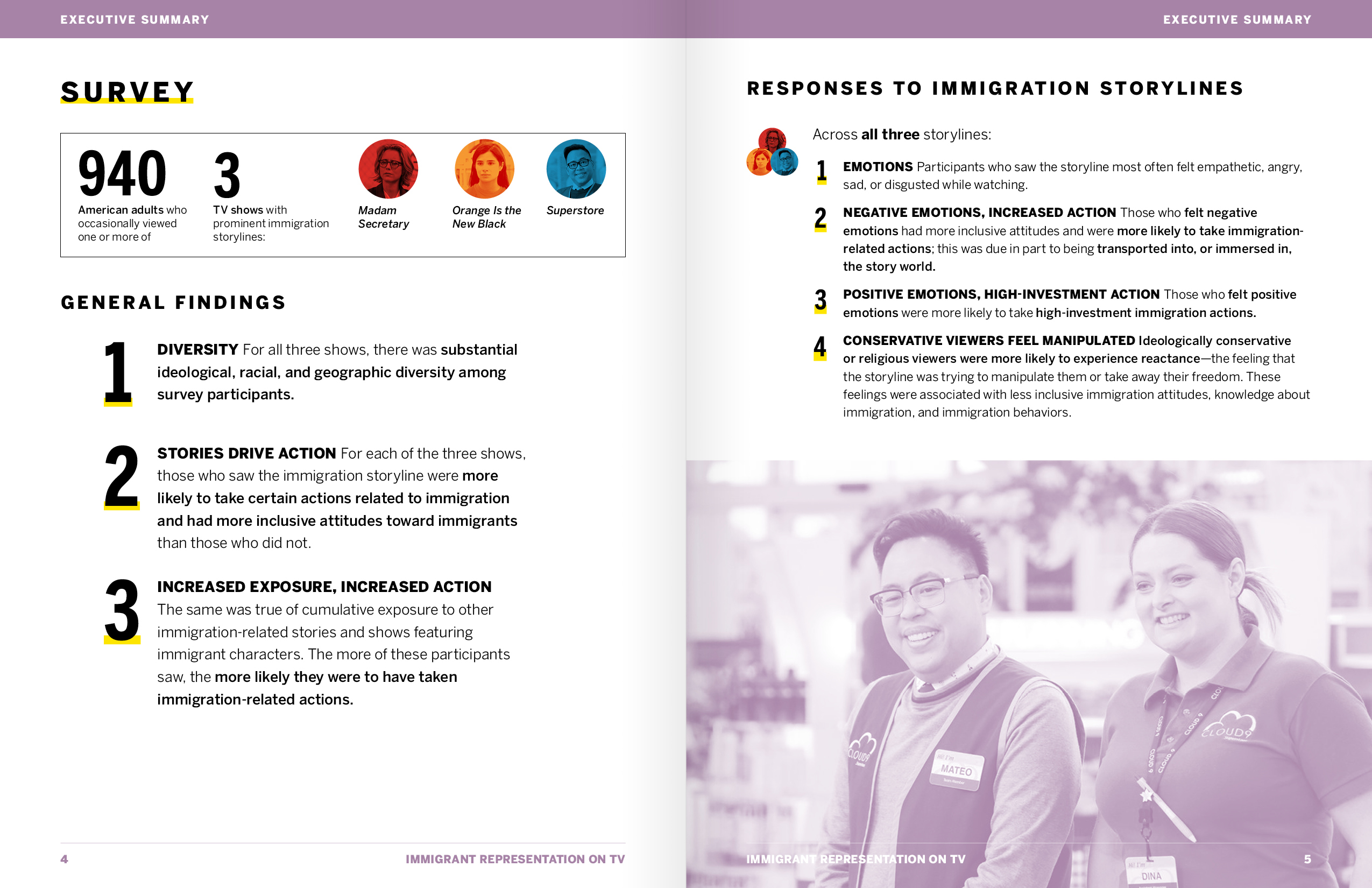 Spread from the Executive Summary on the Survey portion of the report and its general findings and responses to immigration storylines. In the bottom right are two Superstore characters, smiling.