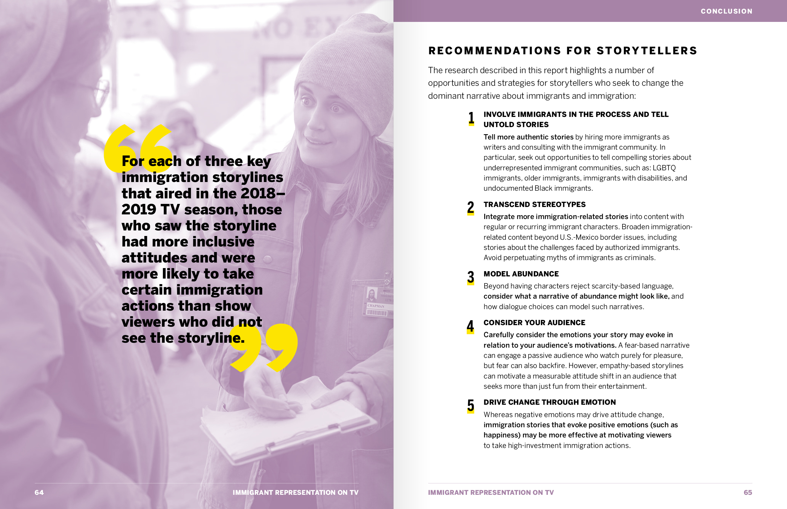 A spread from the Recommendations for Storytellers section of the report.