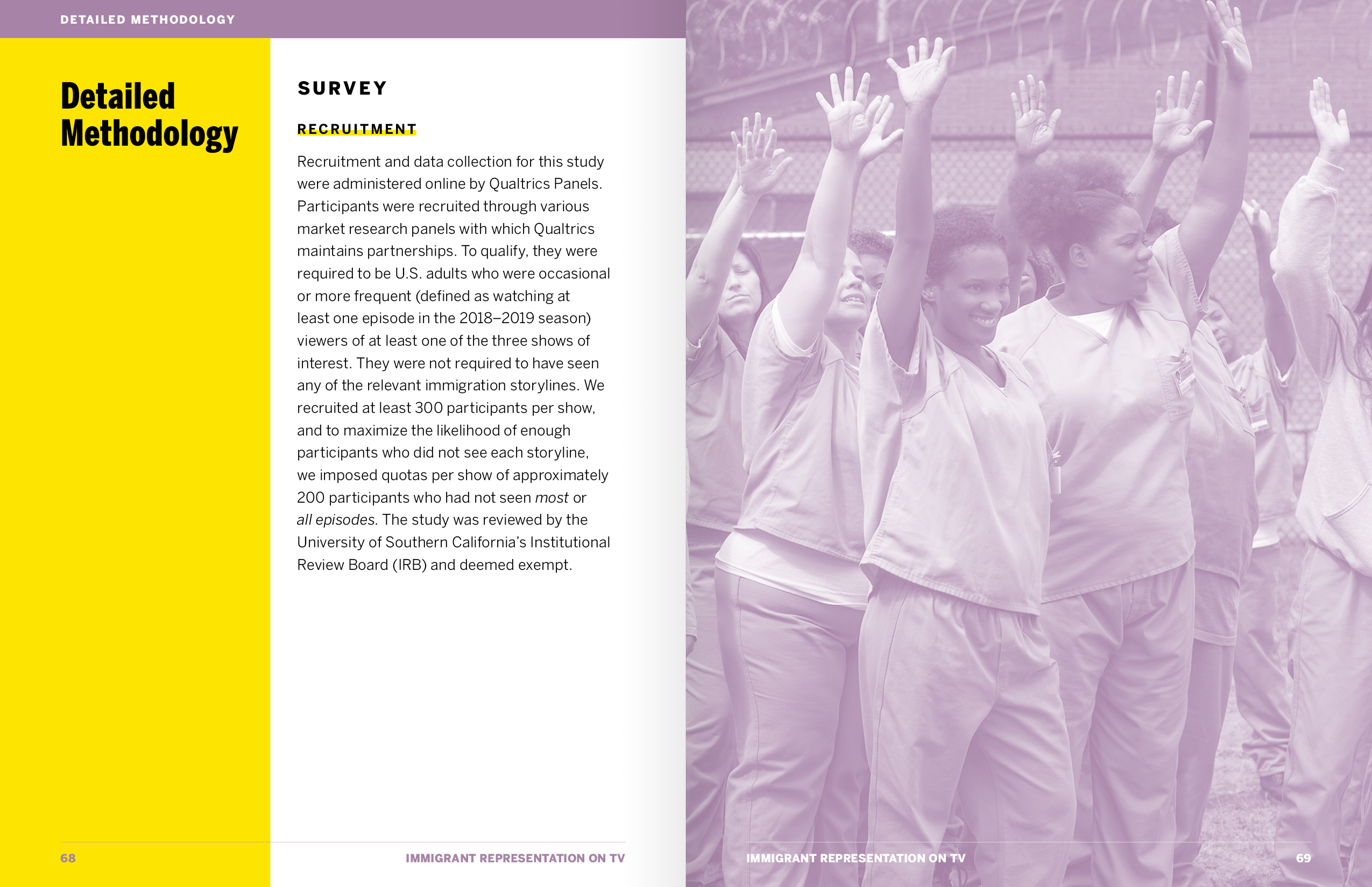 A spread from the Methodology section of the report, discussing recruitment for the study. On the right is a still from the show Orange is the New Black, of a crowd of women with their hands raised.