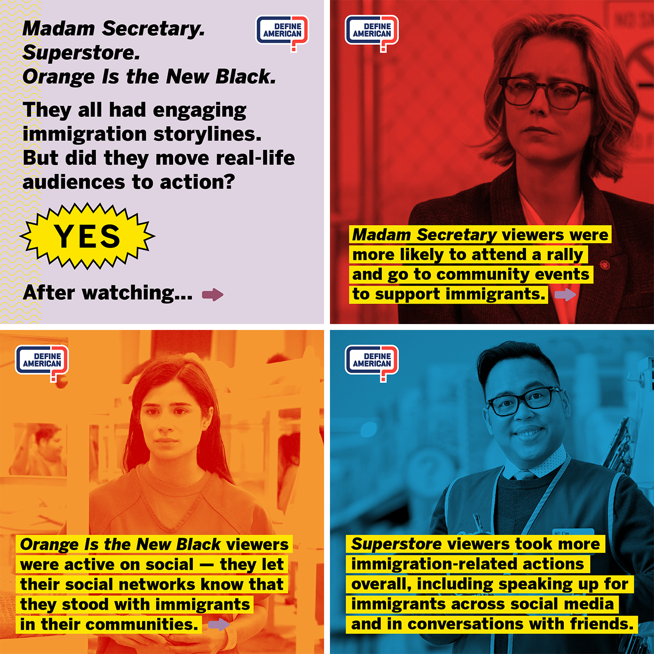 Social graphics showing that viewers of three TV shows who saw the shows' immigration storylines were more likely to take action related to supporting immigrants in real life.