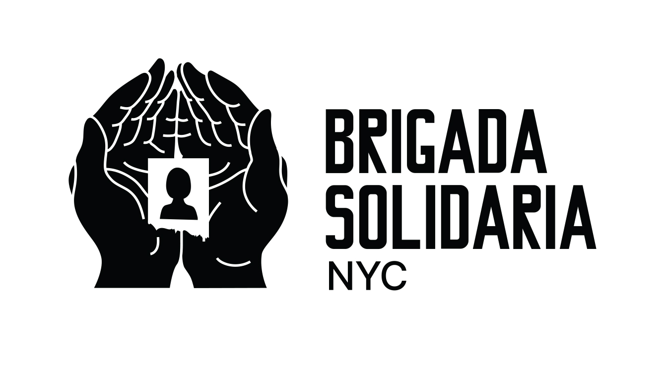 Black-and-white stylized cupped hands holding a torn photo with a silhouette of a person's portrait, next to the words 'BRIGADA SOLIDARIA' in blocky, condensed bold letters and a smaller 'NYC' below.
