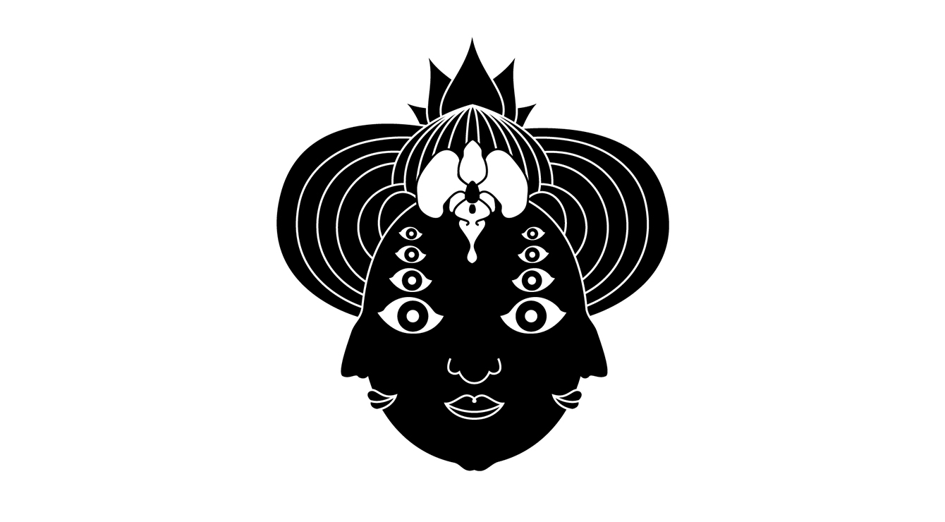 A woman with eight eyes (four stacked where one would normally go), three noses and three lips in a slight smile (one set central and one set on either cheek). An orchid adorns her forehead and her hair is mounded above her head in stylized rows. A five-petaled flower points upward atop her hair.