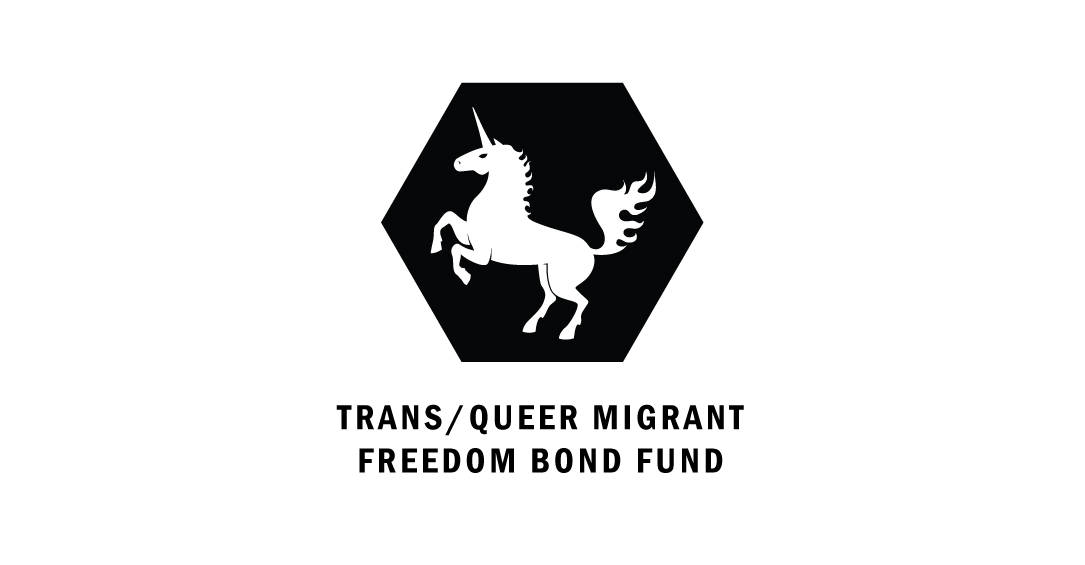 A black hexagon with a stylized white unicorn rearing inside. The text below says 'TRANS/QUEER MIGRANT FREEDOM BOND FUND'.