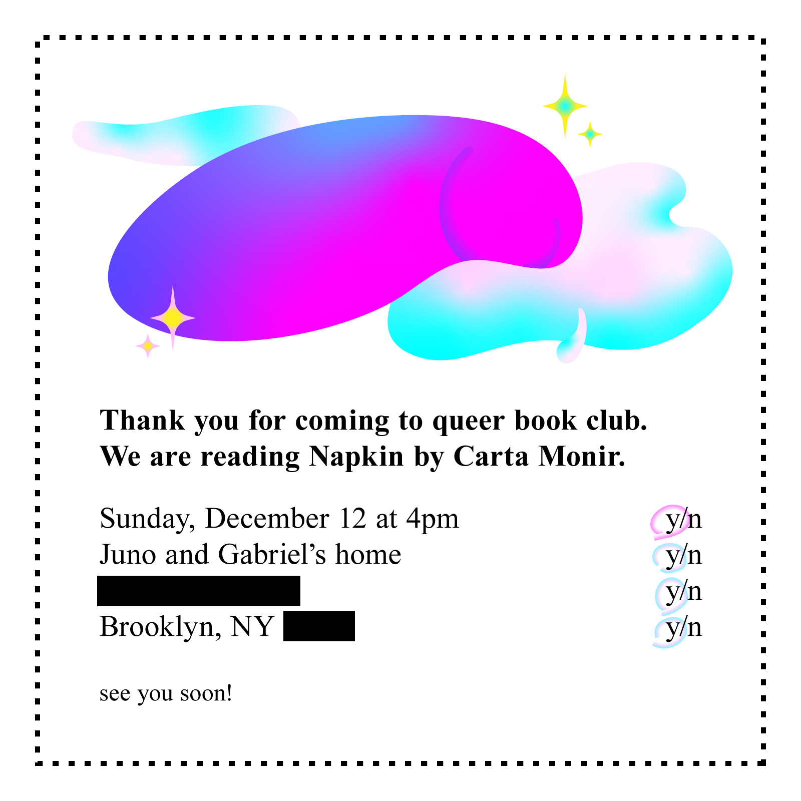 A white square with a hot pink abstract penis in a cyan-light pink puddle, inviting you to queer book club for Napkin by Carta Monir.