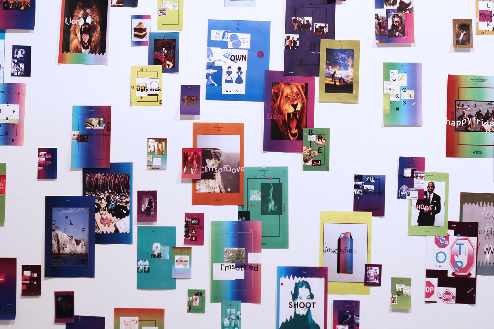 A close-up of the wall of tiny colorful generated posters in the style popular around 2012. Hobo and Apercu are prominent fonts. Frames, overlapping rectangles, text distributed along the edges of the posters, wavy text and graphics, and gradients are other visible elements.